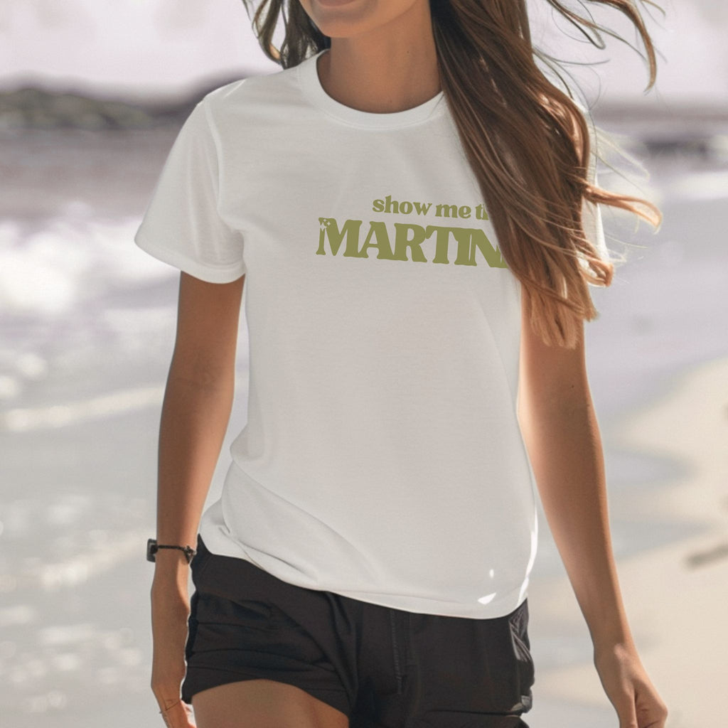 show me the martini shirt white beach cocktail t shirt for summer vacations and casual island style