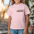 Light pink kids t-shirt with Show Me the Musubi text, playful Hawaii foodie shirt for island-loving families